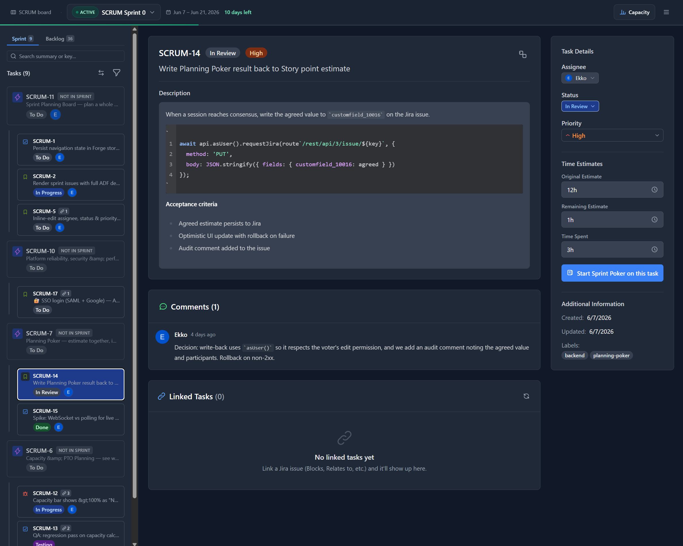 Ekko's sprint planning view inside Jira: task list, selected task with description, comments and linked work, and the task details sidebar
