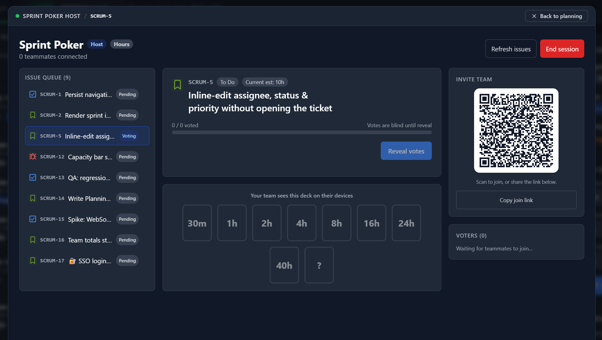 A live Ekko sprint poker session: issue queue, voting deck, and QR invite