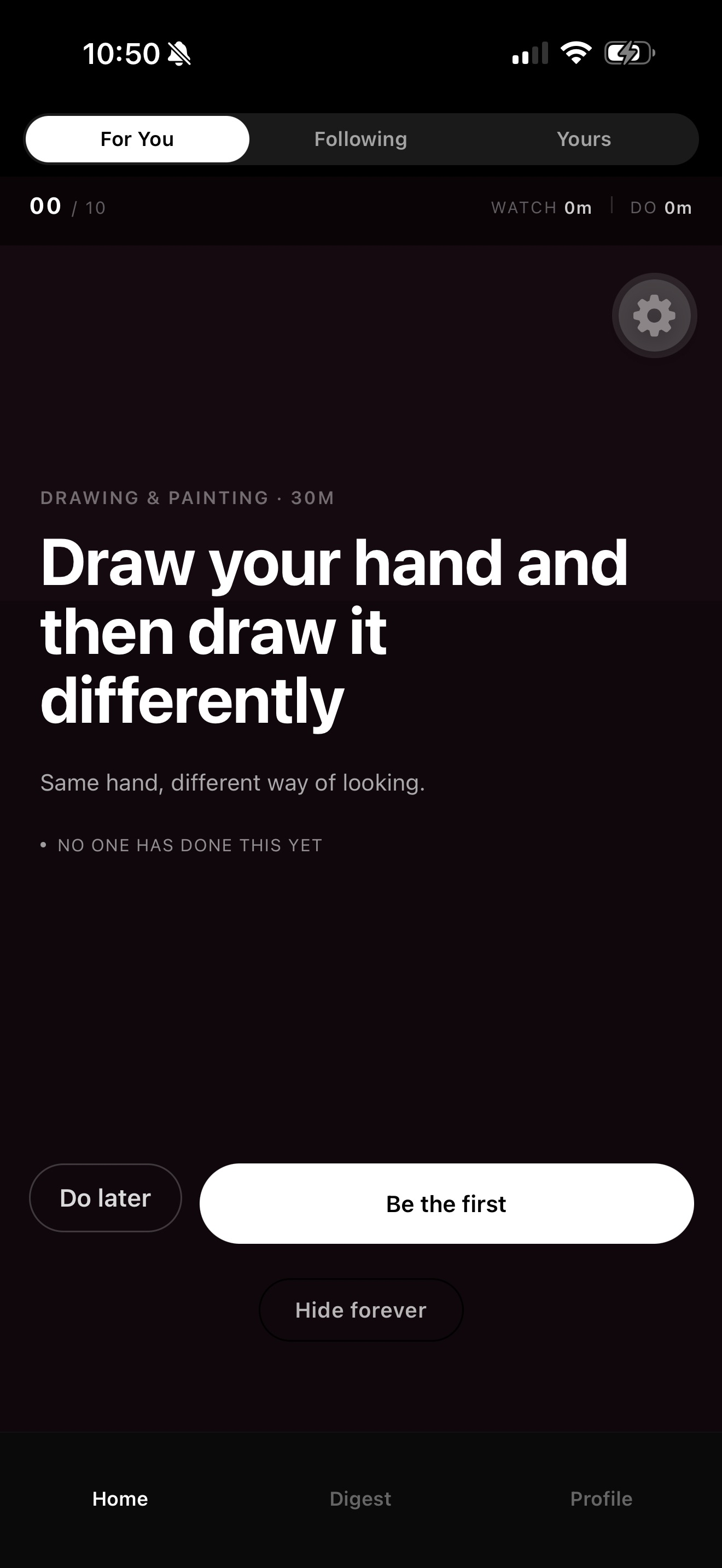 Dillydally home feed showing a "Drawing & Painting" prompt: "Draw your hand and then draw it differently"